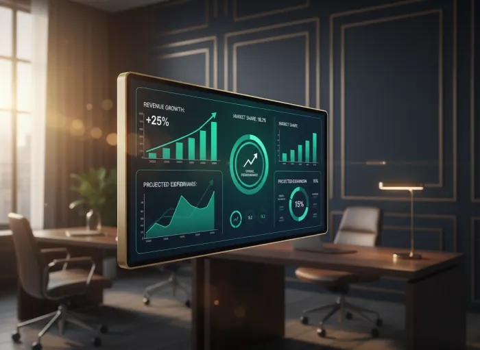 Desk with laptop showing growth analytics
