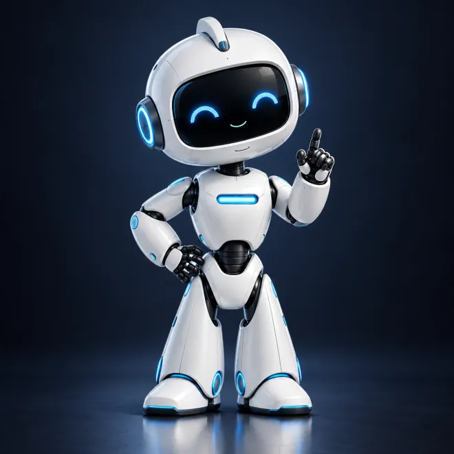 Friendly white robot representing AI Agent 2042
