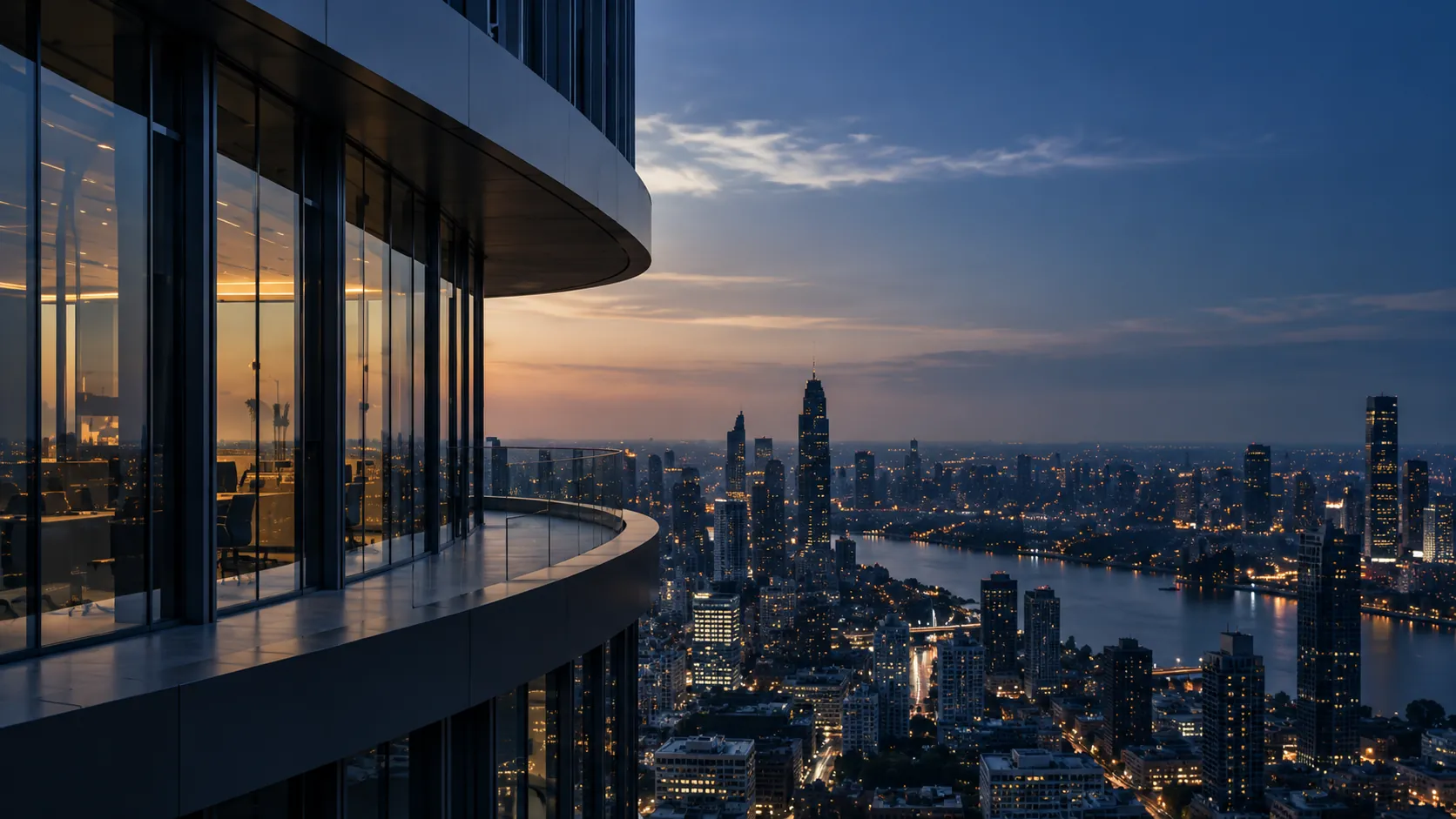 Glass office building curving toward the evening skyline