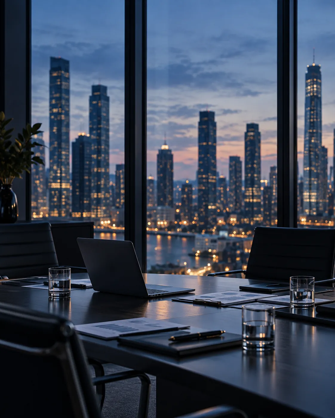 Boardroom overlooking a city skyline at dusk