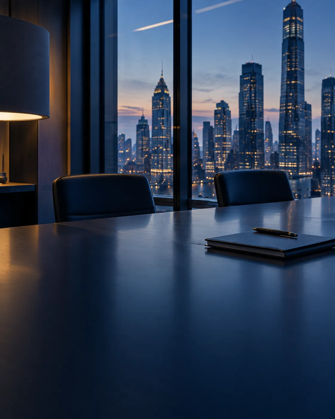 Meeting room with floor-to-ceiling windows and city towers