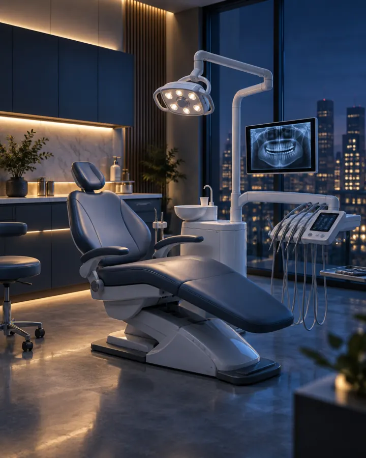 Modern dental clinic treatment room at night