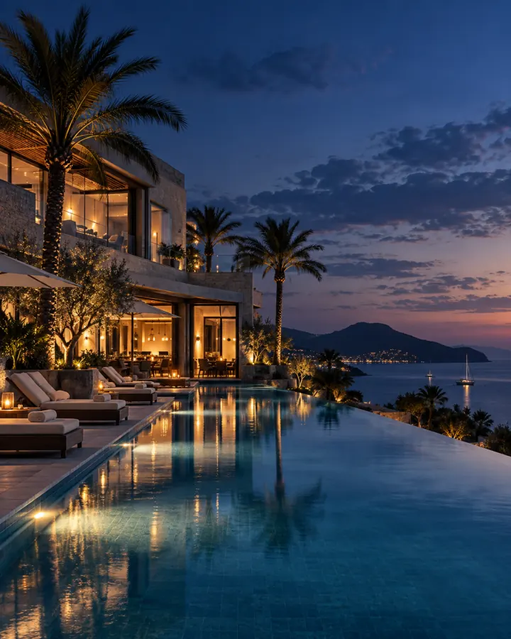 Resort hotel overlooking a bay at sunset