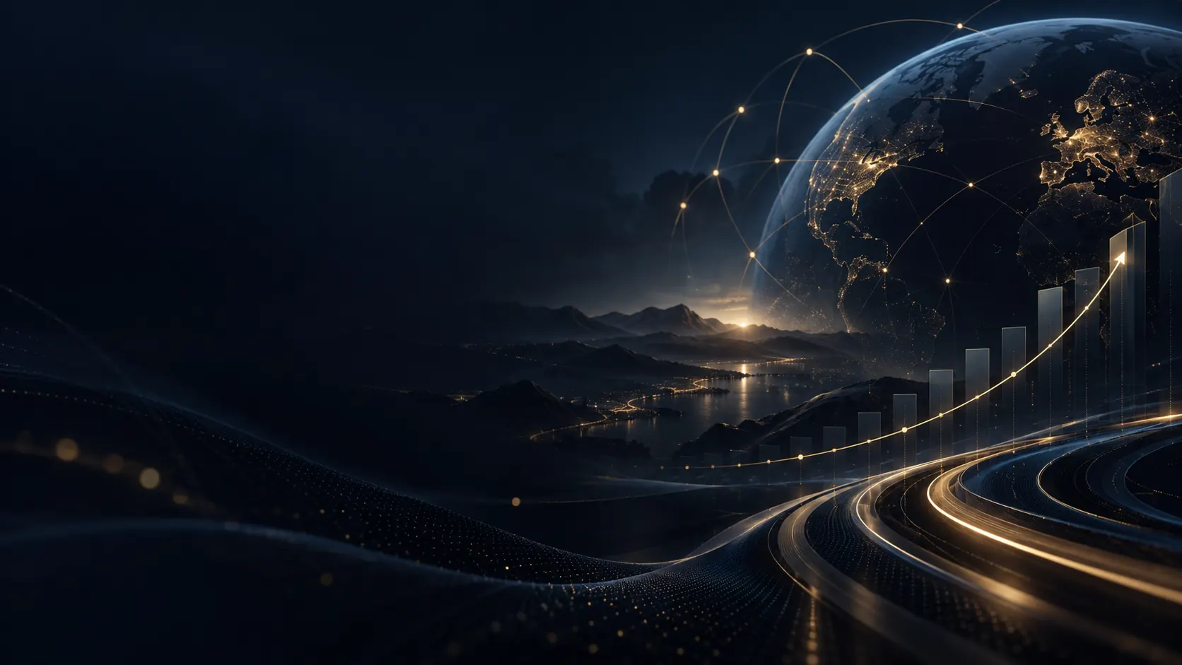 Glowing globe and growth chart over a night cityscape