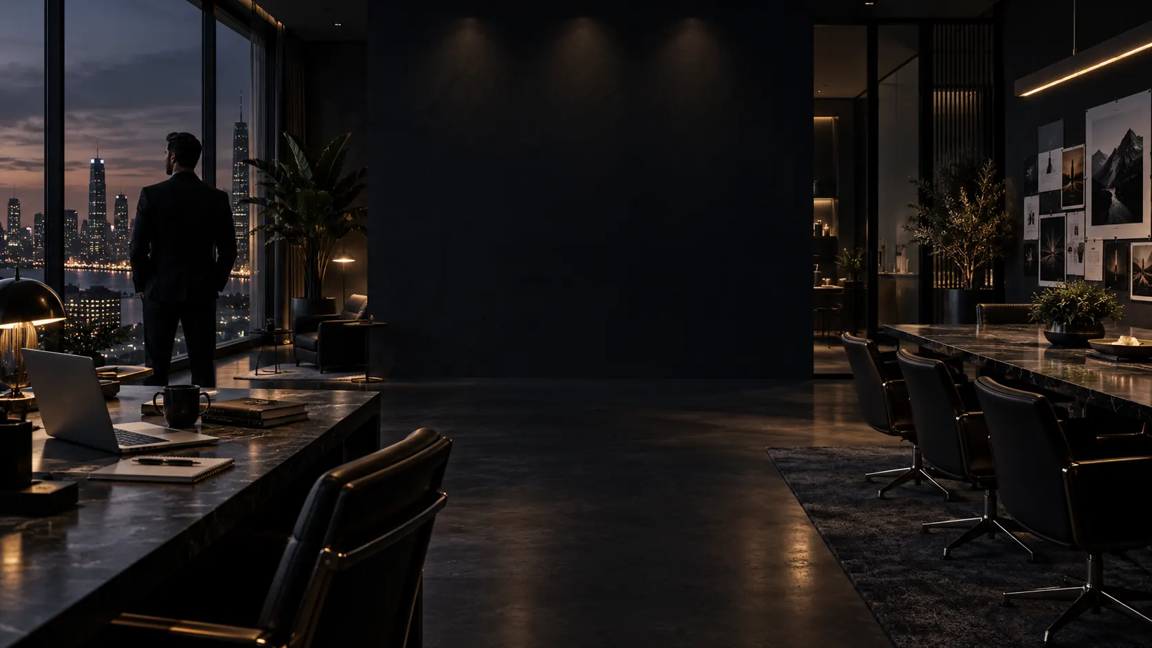 Executive looking out over a city skyline from a dark modern office