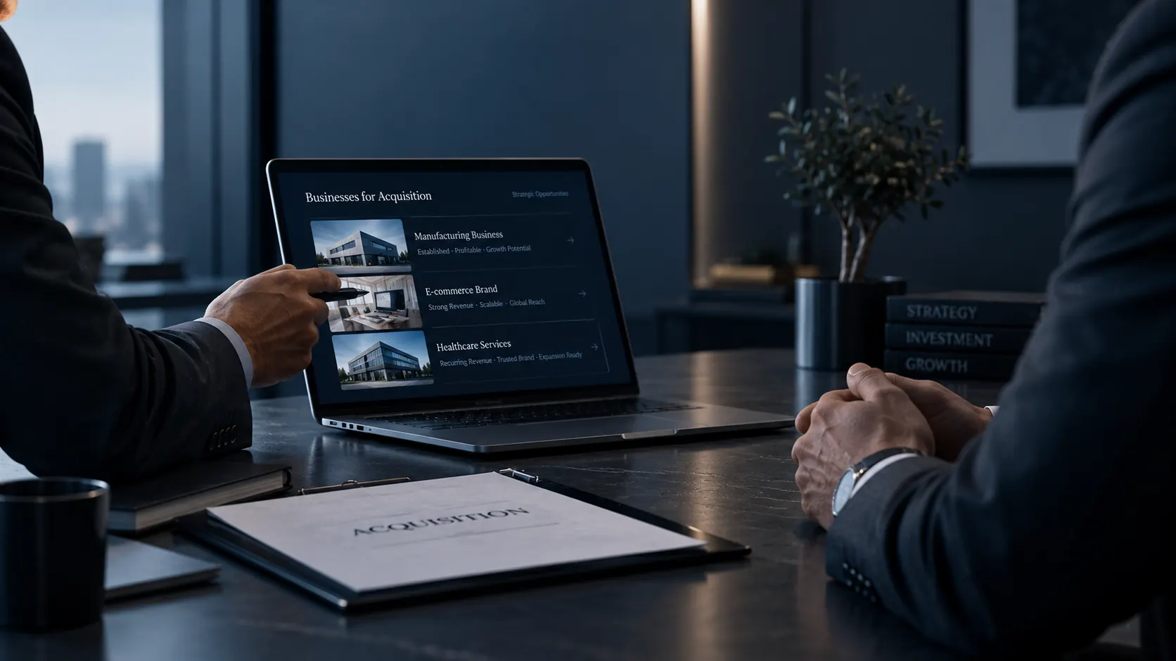 Laptop showing businesses for acquisition beside an acquisition agreement