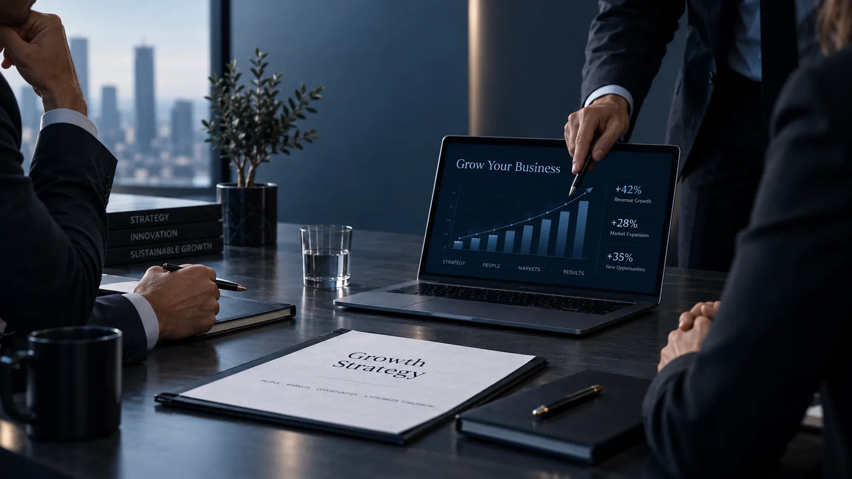 Advisor presenting a growth strategy on a laptop in a boardroom