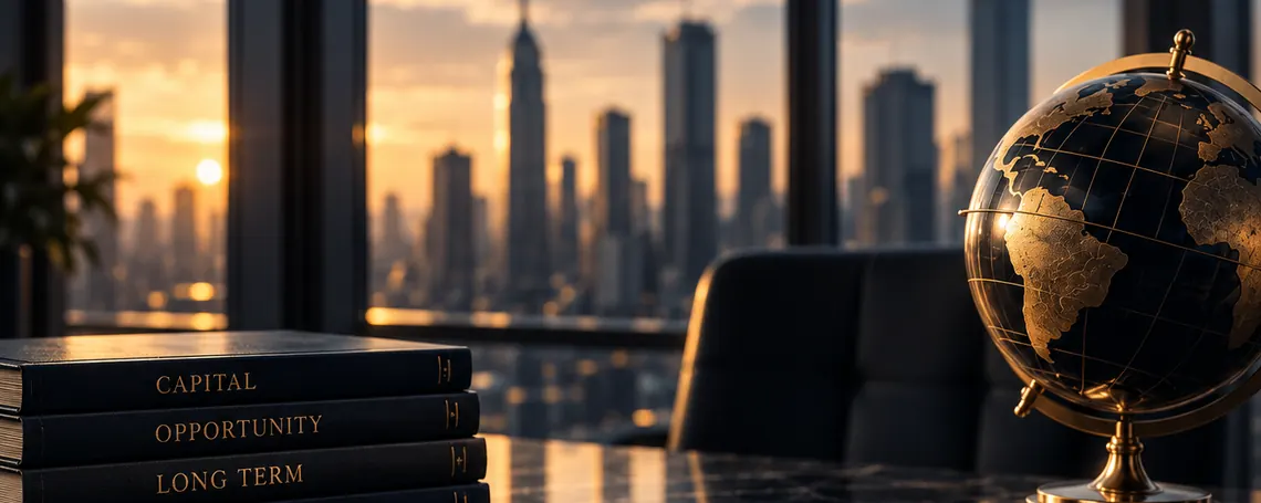 Brass globe and investment books overlooking a city skyline at sunset