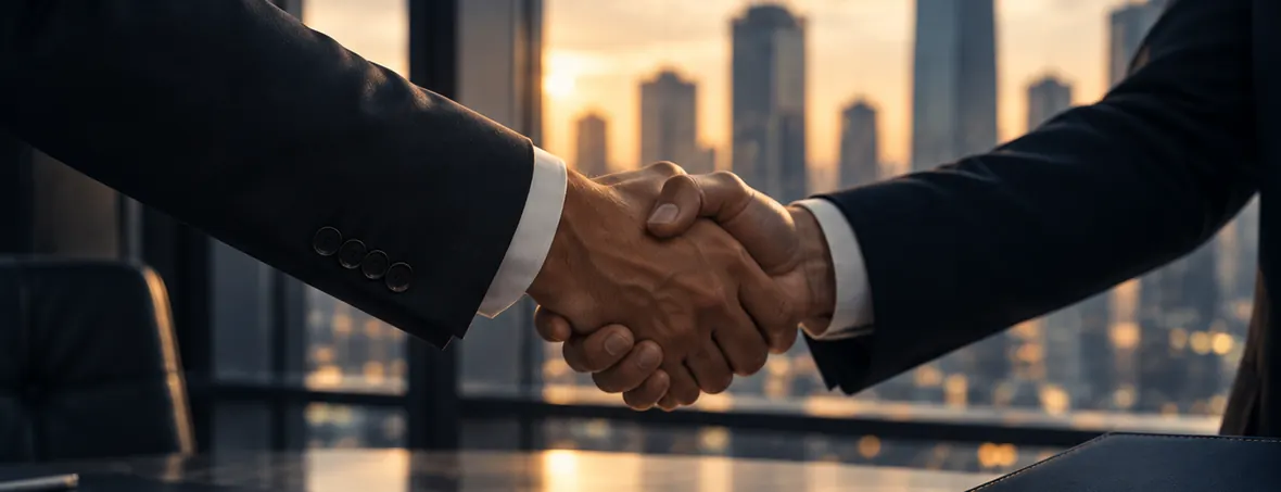 Business partners shaking hands in front of city towers