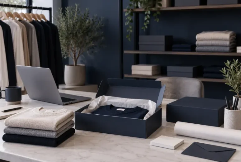 Boutique clothing packing station with folded garments and boxes