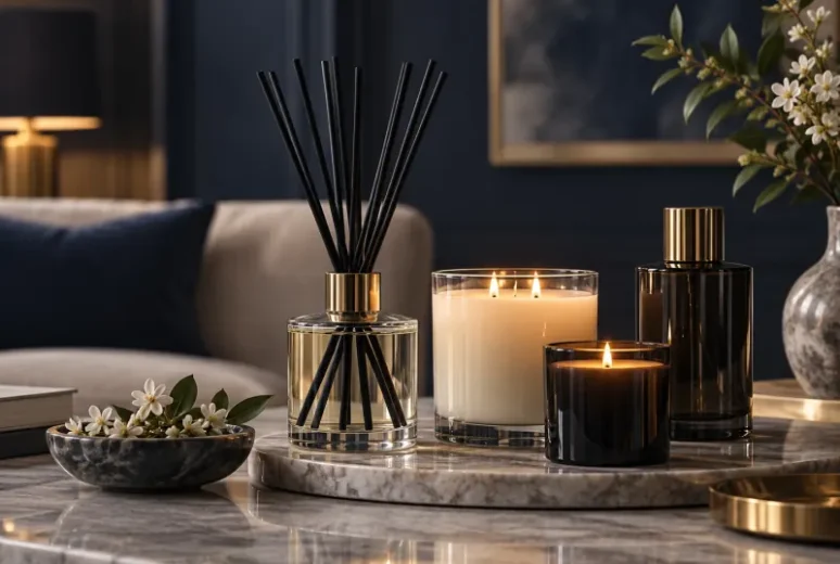 Luxury candles and reed diffusers on a marble table