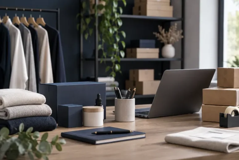 Clothing rack and packaging desk in an online store studio