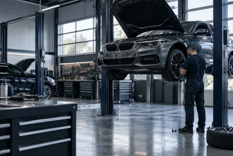 Car raised on a hoist in a modern mechanic workshop