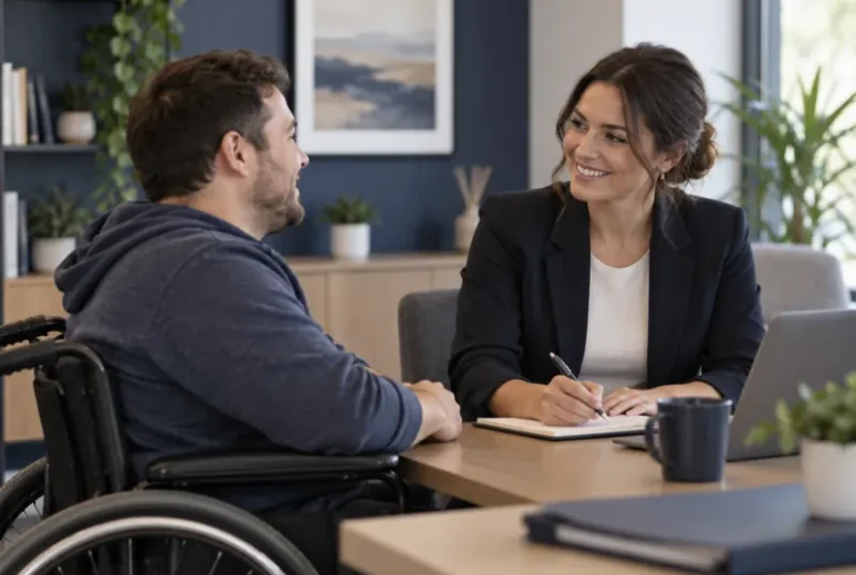 Support coordinator meeting a client at an office desk