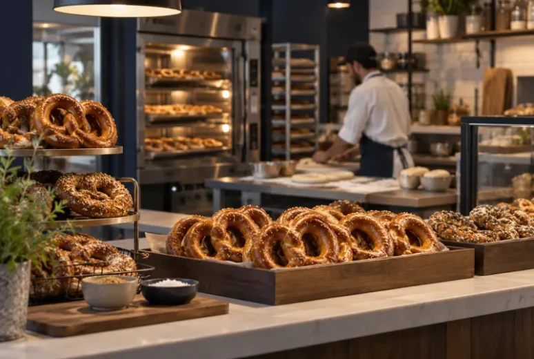 Fresh pretzels displayed in a bakery