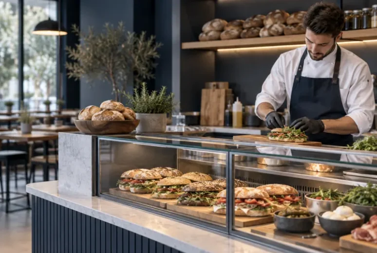 Chef preparing sandwiches at a café counter