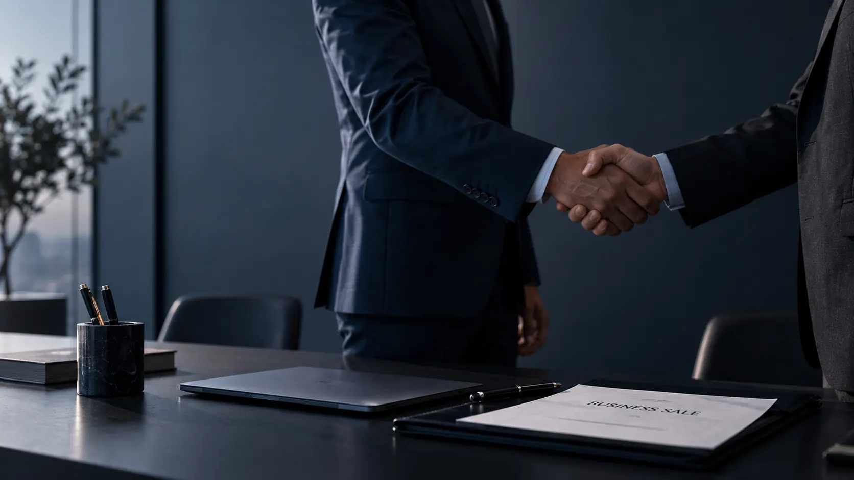 Two business people shaking hands over a business sale agreement