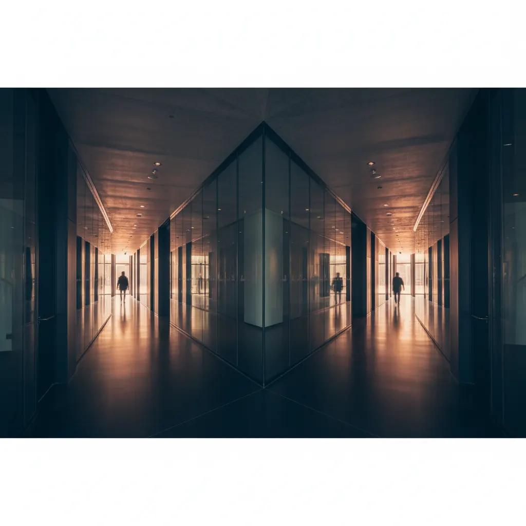 Long office corridor leading toward a bright exit