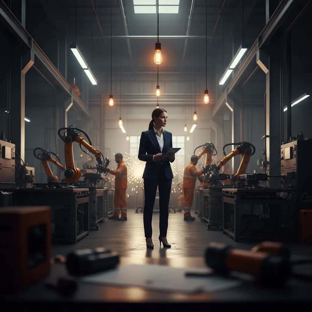 Business leader walking through a modern manufacturing floor