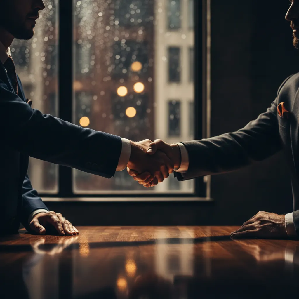 Handshake between buyer and seller in a city office